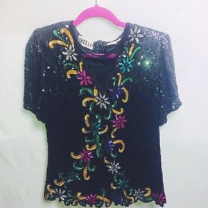 Vintage sequin top black with floral details